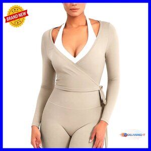 Long Sleeve V-Neck Cropped Wrap Top for Pilates Yoga Dance Workouts